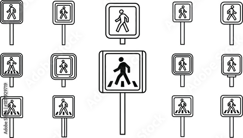 Collection of pedestrian crossing signs in various styles and orientations