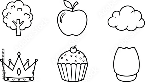 Simple line drawing of a tree apple cupcake crown and flower