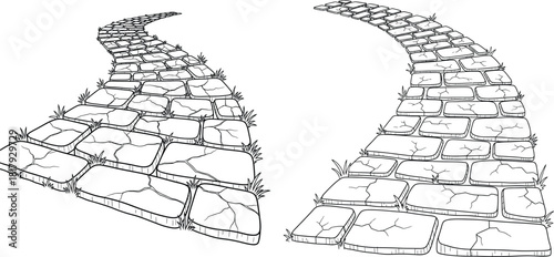 Winding stone path made of irregular flagstones with grass growing between cracks in a line art drawing