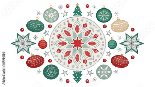 Festive Christmas spirit with ornaments, stars and trees, perfect for seasonal designs and holiday promotions, a charming touch for your winter projects