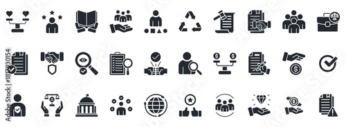 Business Ethics Icon Set. Contains Icons That Are Relevant For Business. Designed In Vector Glyph Style