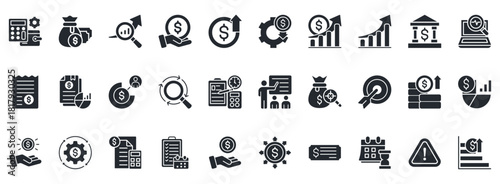 Budget Icon Set. Contains Icons That Are Relevant For Business. Designed In Vector Glyph Style