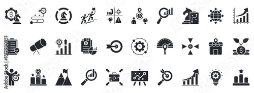 Business Strategy Icon Set. Contains Icons That Are Relevant For Business. Designed In Vector Glyph Style