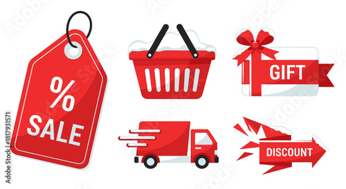 Exciting seasonal shopping sale event with vibrant red discount tag, fast delivery truck, gift card, and full shopping basket for great offers now