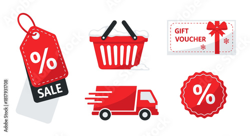 Exciting winter sale promotion with gift voucher, delivery truck, shopping basket and discount tag for holiday season advertising and marketing campaigns