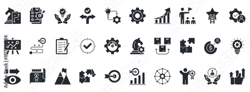 Strategy Icon Set. Contains Icons That Are Relevant For Business. Designed In Vector Glyph Style