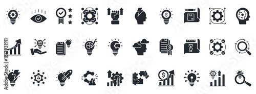 Innovation Icon Set. Contains Icons That Are Relevant For Business. Designed In Vector Glyph Style