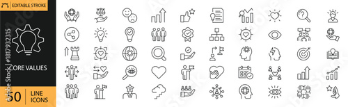 Core values icons set. Includes symbols of integrity, teamwork, respect, innovation, accountability, and trust. Editable stroke. Vector illustration. Outline icons. Perfect for business.