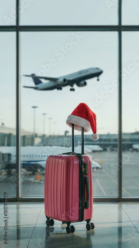 Pink suitcase with Santa hat at airport, concept of holiday travel season