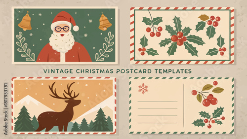 Charming vintage Christmas postcards featuring Santa, reindeer, holly, and bells, perfect for holiday greetings and festive cheer this December season