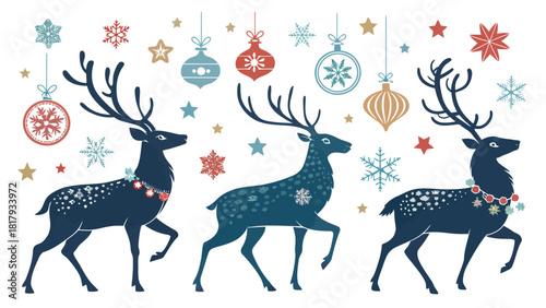 Charming holiday reindeer with snowflakes and ornaments creates a festive Christmas spirit for greeting cards, invitations, and winter season designs