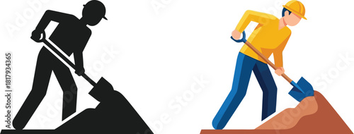 Construction worker digging with a shovel shown in color and silhouette styles