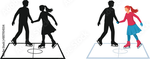 Ice skating couple silhouettes in two color variations black and red