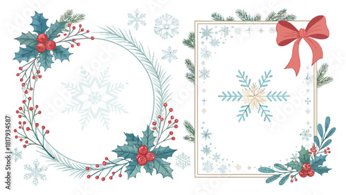 Elegant Winter Frames with Holly Berries and Snowflakes for Festive Christmas Greetings and Holiday Invitations, Perfect for Seasonal Designs
