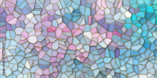 light azure and black Broken Stained Glass Background with White lines Voronoi diagram background. Seamless pattern with 3d shapes vector Vintage Illustration background Mint marble bath floor. 