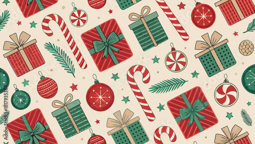 Charming Christmas Pattern with Gifts, Ornaments, Candy Canes, and Festive Greenery for Holiday Cheer, Perfect for Scrapbooking and Gift Wrapping