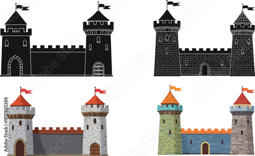 Illustrative depiction of medieval castles in various styles and color schemes