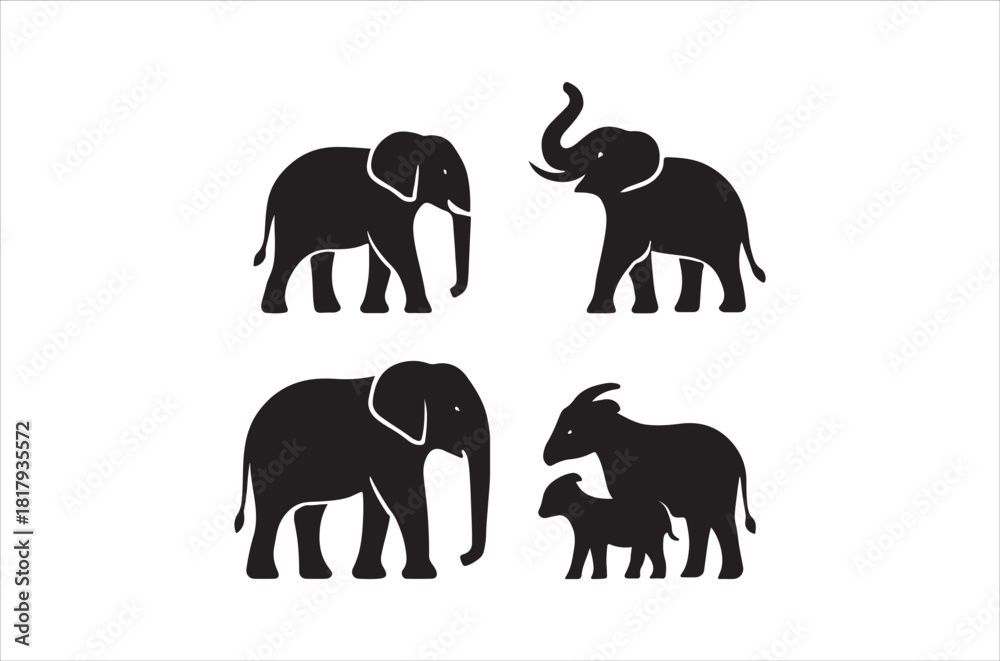Fototapeta premium Silhouette illustrations of elephants a goat and a mother goat with kid