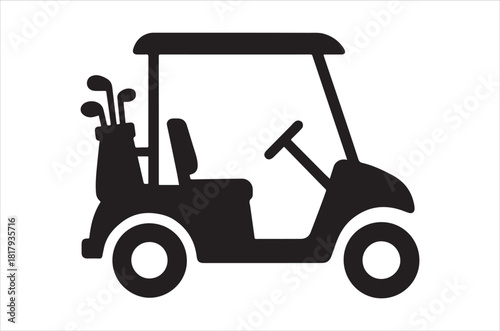 Simple black and white illustration of a golf cart with clubs