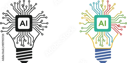 Artificial intelligence concepts represented by lightbulb circuit designs in black and color