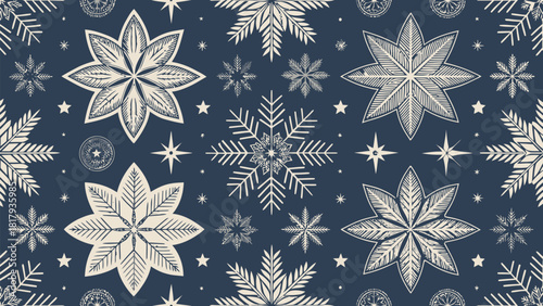 Elegant winter holiday pattern with delicate snowflakes and stars for festive designs, adding a touch of seasonal charm and wonder for your creative projects