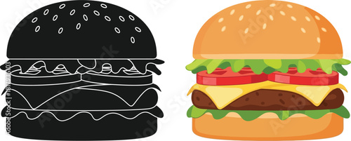 A colorful hamburger and its black and white line art counterpart shown