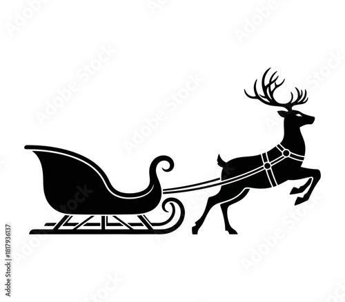 Santa Claus sleigh pulled by jumping reindeer silhouette Christmas vector illustration