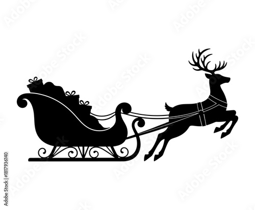 Christmas sleigh silhouette with gifts pulled by running reindeer vector icon