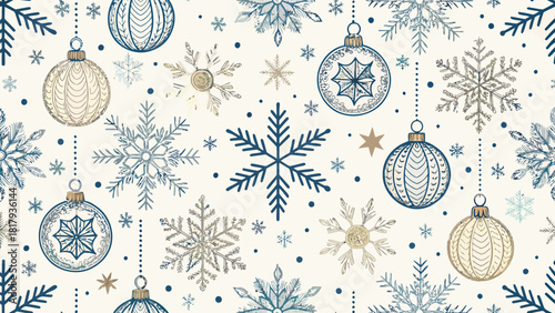 Delicate holiday pattern of hanging ornaments and snowflakes, perfect for winter backgrounds, festive designs, and seasonal promotions with a vintage feel