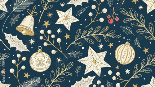 Elegant Christmas holiday pattern with festive ornaments, stars, berries, and foliage, perfect for adding a classic touch to seasonal designs