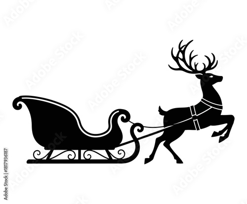 Elegant Santa sleigh pulled by reindeer silhouette side view Christmas vector design
