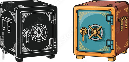 Two safe illustrations a black and white sketch and a colored version