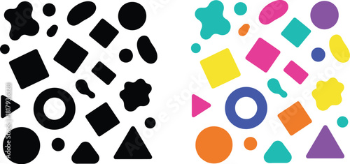 Abstract geometric shapes in contrasting black and white and vibrant color palettes