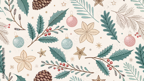 Celebrate winter with this beautiful pattern of festive holly, ornaments, pinecones, poinsettias and stars that add a touch of elegance to any design