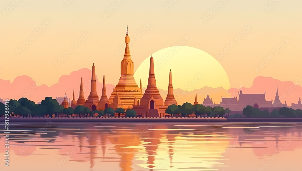 Naklejka premium Flat vector illustration of Bangkok’s Wat Arun temple at sunset, golden spires reflecting on the river, soft gradient sky, minimal clean geometric shapes, vibrant cultural mood, modern travel style.