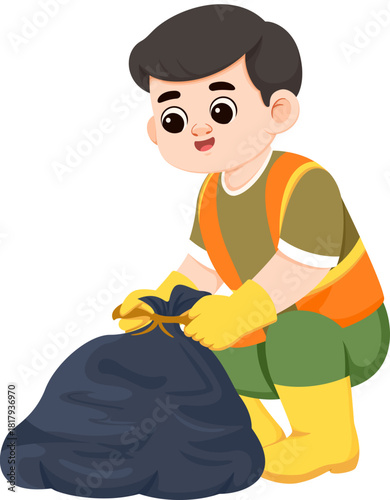 Illustration of Boy Picking Up Trash