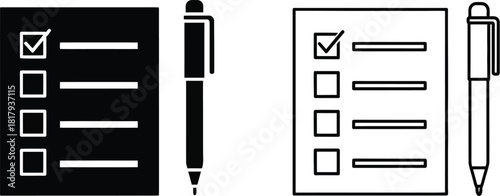 Checklist and pen icons representing tasks lists and completion in black and white