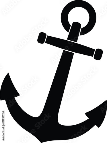 Simple black and white illustration of a classic boat anchor with a ring