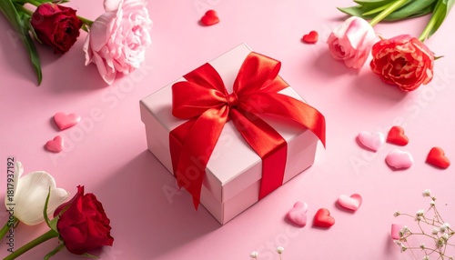 Red rose and festive gift box with ribbon and bow for Christmas, birthday, or Valentine's Day celebration surprise