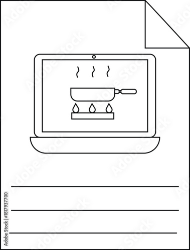 Laptop displays a cooking scene a page corner is turned down above lined areas