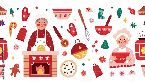 Heartwarming kitchen scene with grandma baking holiday treats, perfect for festive designs and family-themed projects with a touch of vintage charm