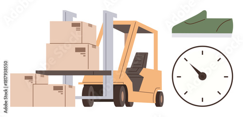 Forklift lifting stacked boxes, round clock indicating time, green shoe symbolizing delivery. Ideal for logistics, supply chain, time management, efficiency, warehouse, shipping transportation