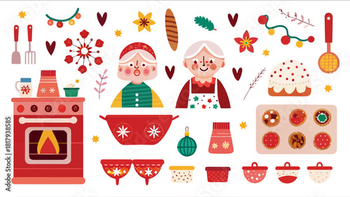 Charming cartoon grandmothers baking holiday treats, creating warm memories in cozy kitchen, perfect for seasonal greetings and heartwarming designs
