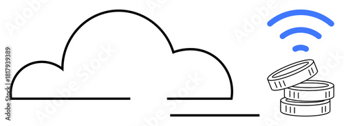 Simplistic cloud with stacked coins and blue wireless signals illustrating online finance, savings, payments, and digital growth. Ideal for tech, banking, e-commerce, fintech, savings strategy