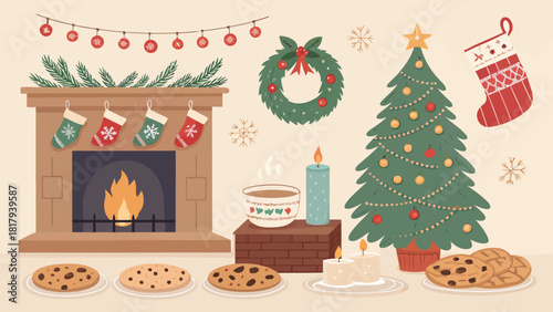 Cozy Christmas scene with decorated tree, fireplace, stockings, cookies, and candles for a warm holiday celebration and family gathering