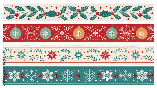 Festive Christmas borders featuring snowflakes, ornaments, and holly for joyful holiday designs and creative seasonal projects, vector origin