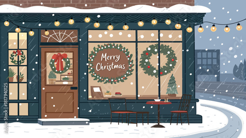 Charming winter cafe storefront decorated for Christmas, cozy snow-covered street scene, festive holiday cheer, inviting holiday destination, Christmas spirit