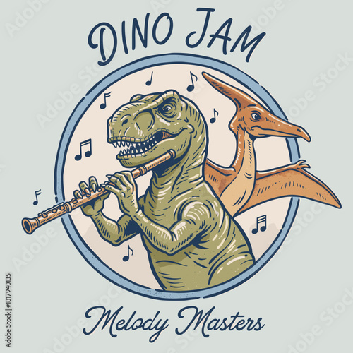 Dino Jam Melody Masters.Retro Dinosaur Flute Player.T Rex Music Band Mascot.Prehistoric Musical Duo Badge.Vintage Pterodactyl Graphic
