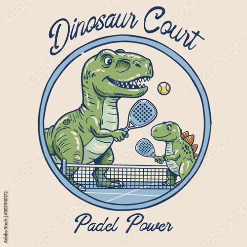 Dinosaur Padel Court Mascot.T Rex Tennis Power Badge.Cartoon Padel Sport Design.Vintage Dino Family Game.Retro Dinosaur Racket Sport