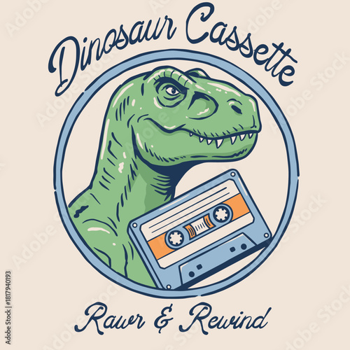 Dino Cassette Music Logo.TRex Rawr and Rewind Badge.Vintage Dinosaur TShirt Print.Retro Audio Tape Illustration.Cartoon Tyrannosaurus Emblem